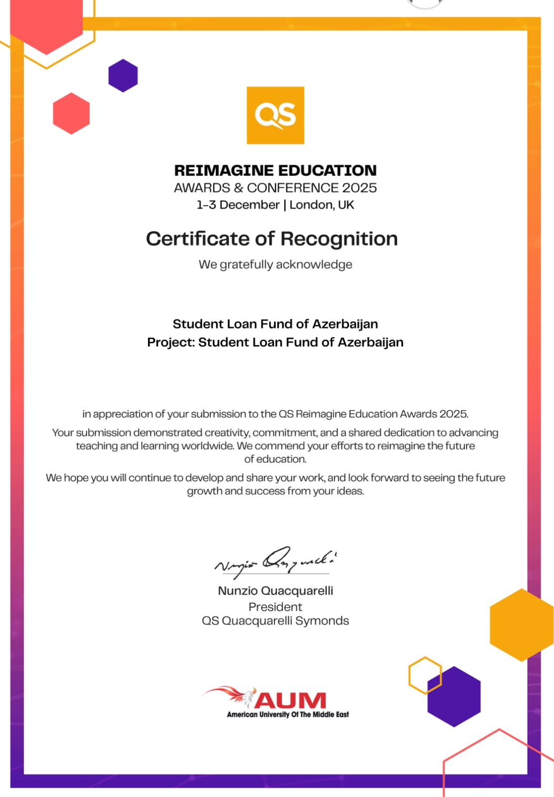 TTKF “QS Reimagine Education 2025”də beynəlxalq sertifikat alıb